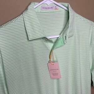 Peter Millar Featherweight Payne Size Medium Performance Green Stripe Polo Shirt